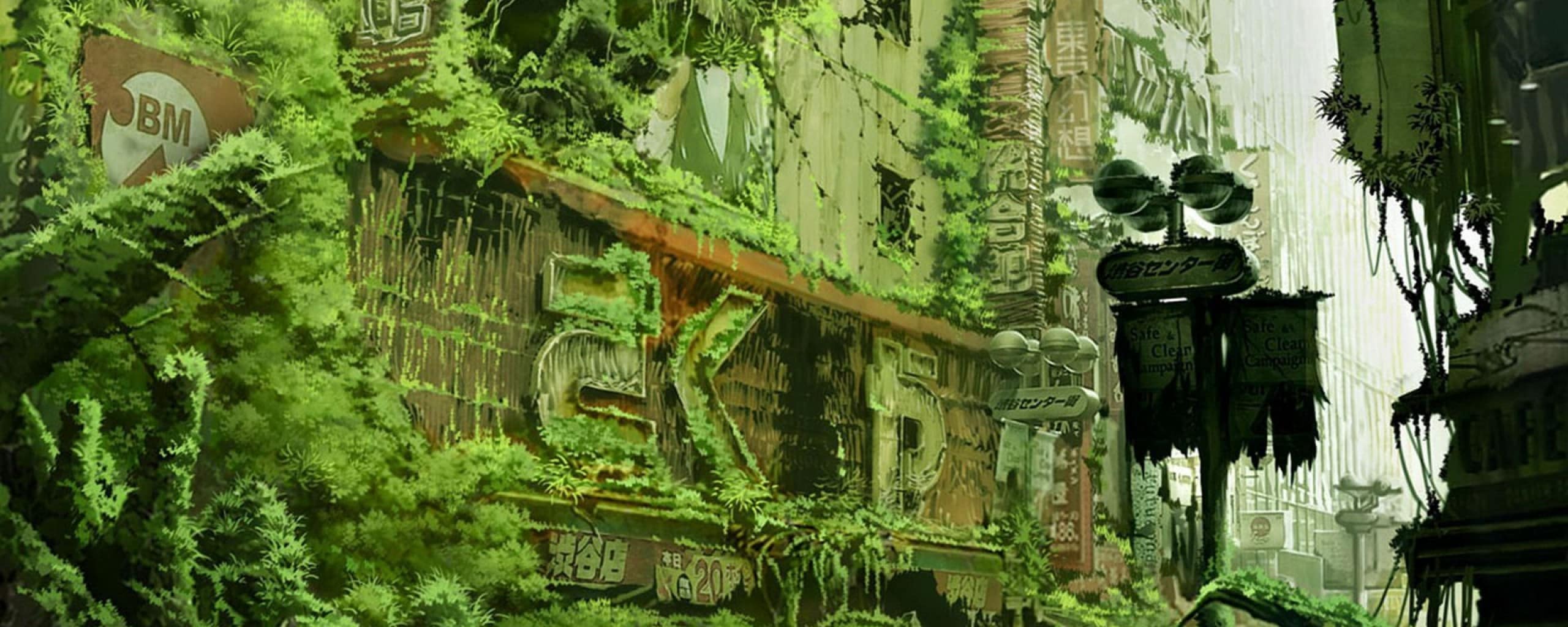 Overgrown industrial ruins reclaimed by nature in post-apocalyptic scene.