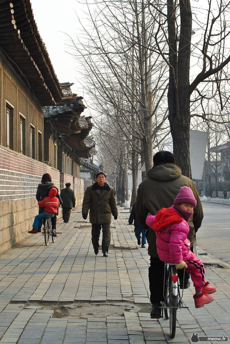 Winter city street with traditional Asian buildings, people walking and biking in peaceful urban setting.