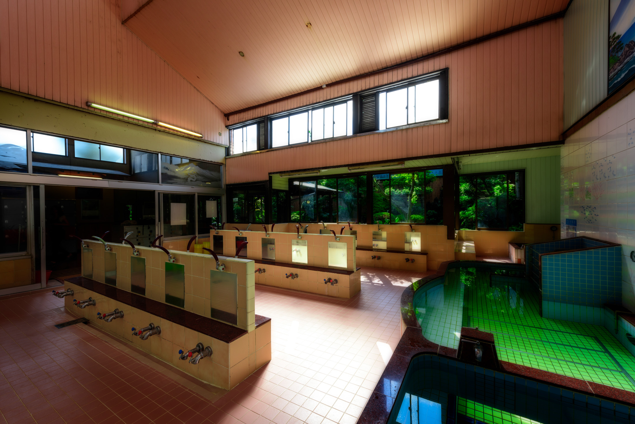 Traditional Japanese bathhouse with wooden tubs, natural light, and serene ambiance in Tokyo.