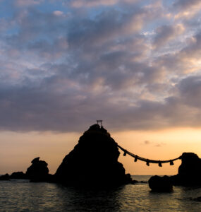 Eternal Union: Meoto Iwa, Japans iconic coastal landmark symbolizing eternal unity.