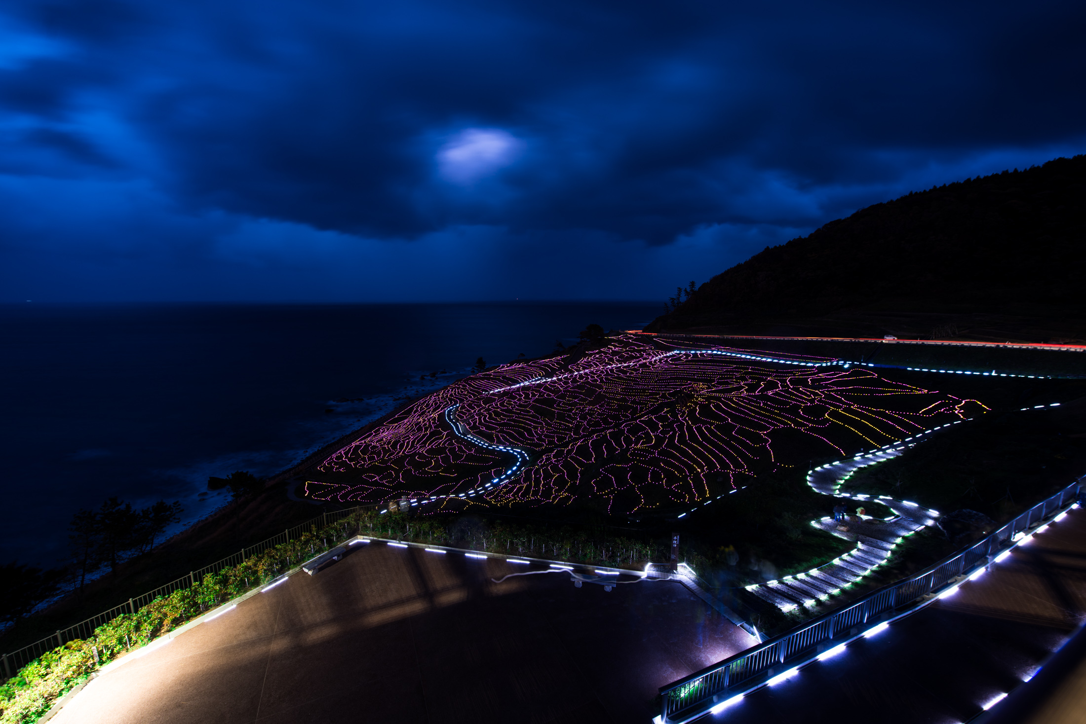 Enchanting illuminated rice fields in Japan with mesmerizing LED lights against the sea.