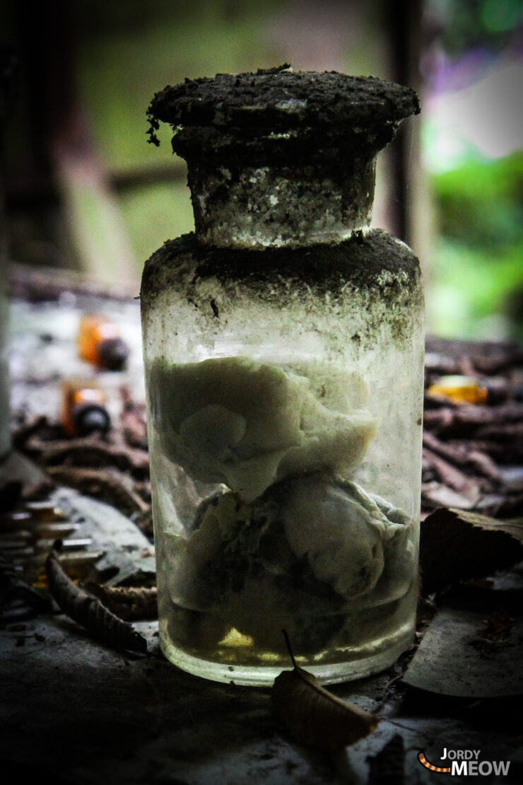 Abandoned Nichitsu Village: Decaying jar with preserved specimen, symbolizing forgotten places and time.