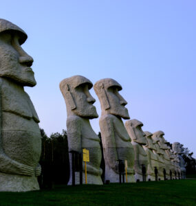 Unexpected Encounter: Moai statues from Easter Island in Hokkaido, Japan, creating a captivating contrast.
