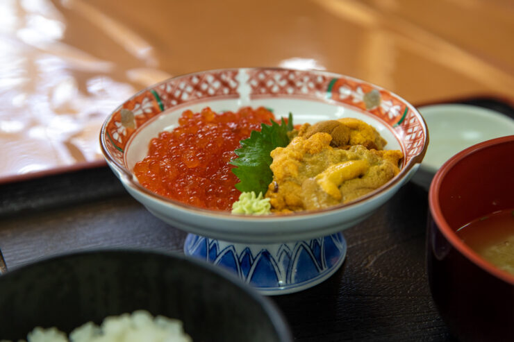Authentic Japanese salmon ikura and tamago custard bowl.