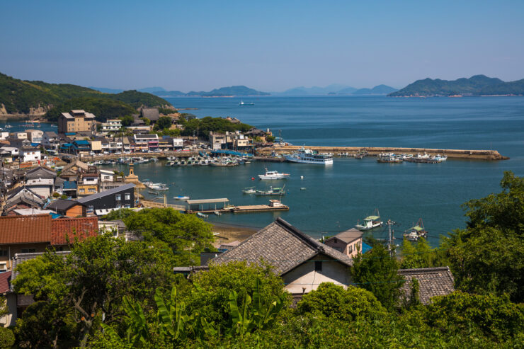 Charming Japanese coastal village Tomonoura, scenic harbor.