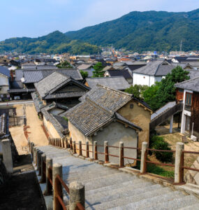 Historic Japanese town Takeharas traditional architecture.