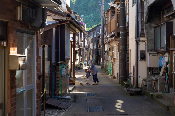Quaint Japanese mountain village alleyway, traditional architecture