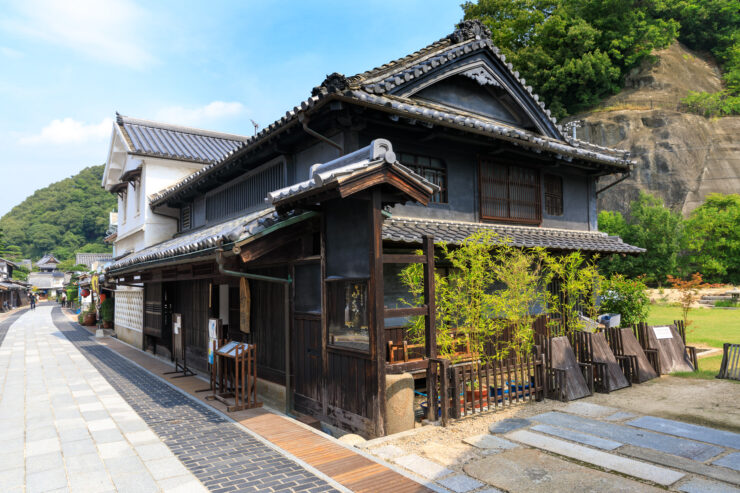 Timeless Japanese streetscape in Takehara, cultural heritage town.