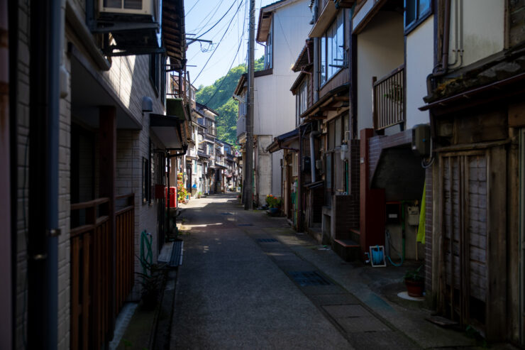 Quaint Japanese village street, wooden architecture charm