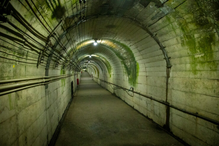 Eerie subterranean passage, dimly lit.