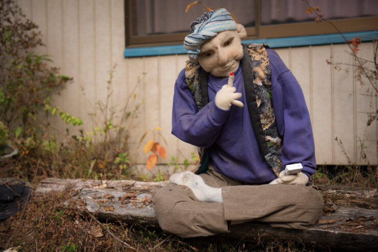 Serene doll in rural Nagoro village, dressed in purple coat and hat.