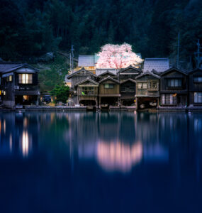 Ine traditional boathouses at night, Japan coast town